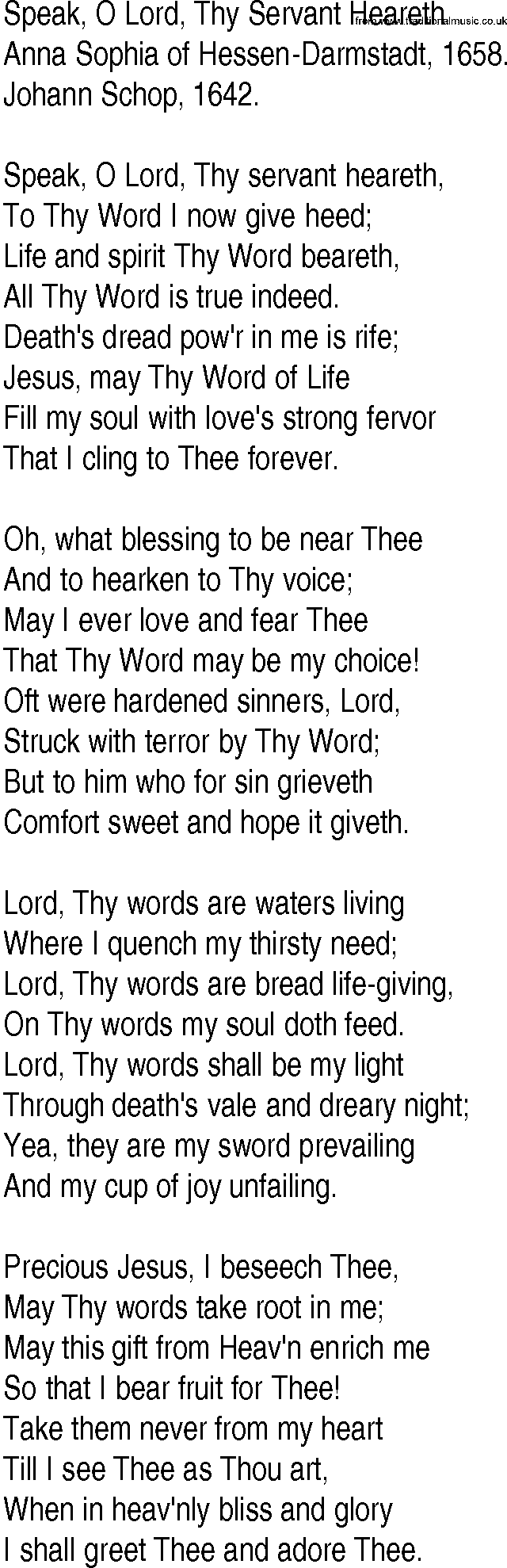 Hymn and Gospel Song: Speak, O Lord, Thy Servant Heareth by Anna Sophia of HessenDarmstadt lyrics