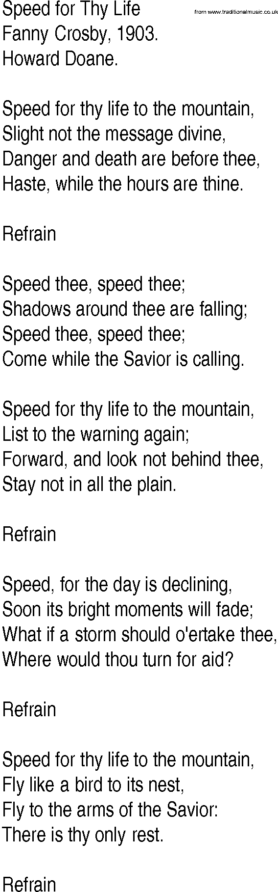Hymn and Gospel Song: Speed for Thy Life by Fanny Crosby lyrics