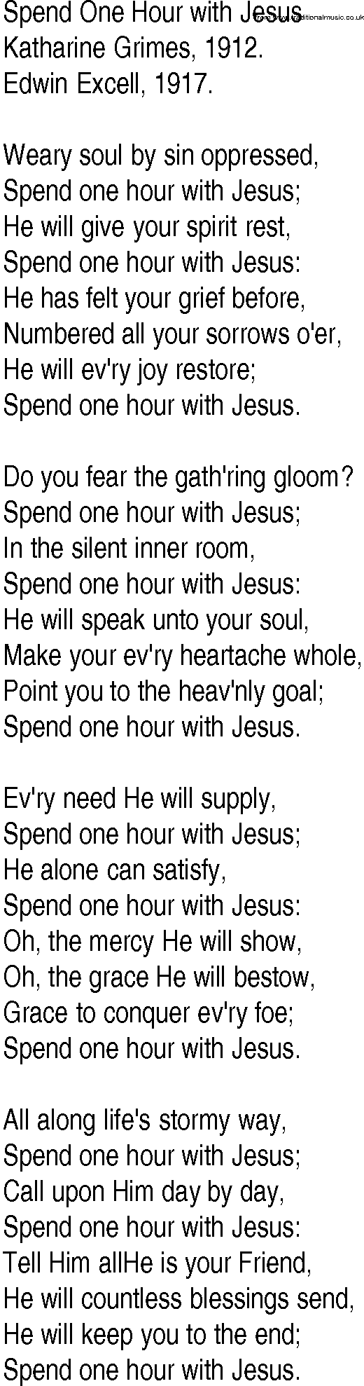 Hymn and Gospel Song: Spend One Hour with Jesus by Katharine Grimes lyrics