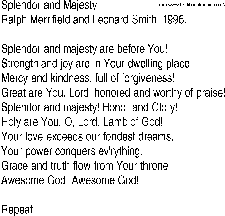Hymn and Gospel Song: Splendor and Majesty by Ralph Merrifield and Leonard Smith lyrics