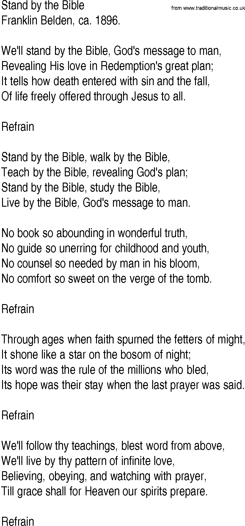 Hymn and Gospel Song: Stand by the Bible by Franklin Belden ca lyrics