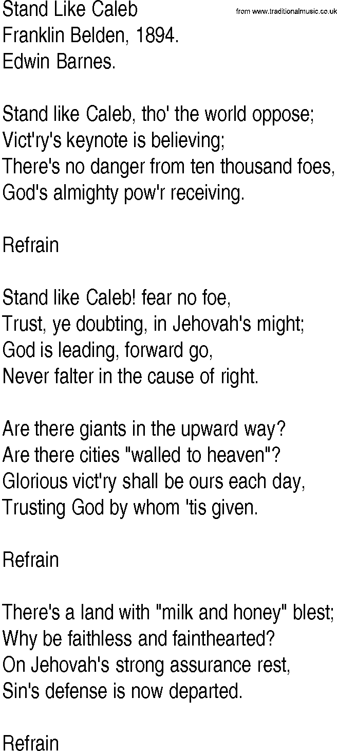 Hymn and Gospel Song: Stand Like Caleb by Franklin Belden lyrics