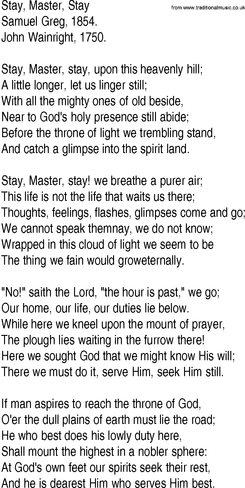 Hymn and Gospel Song: Stay, Master, Stay by Samuel Greg lyrics