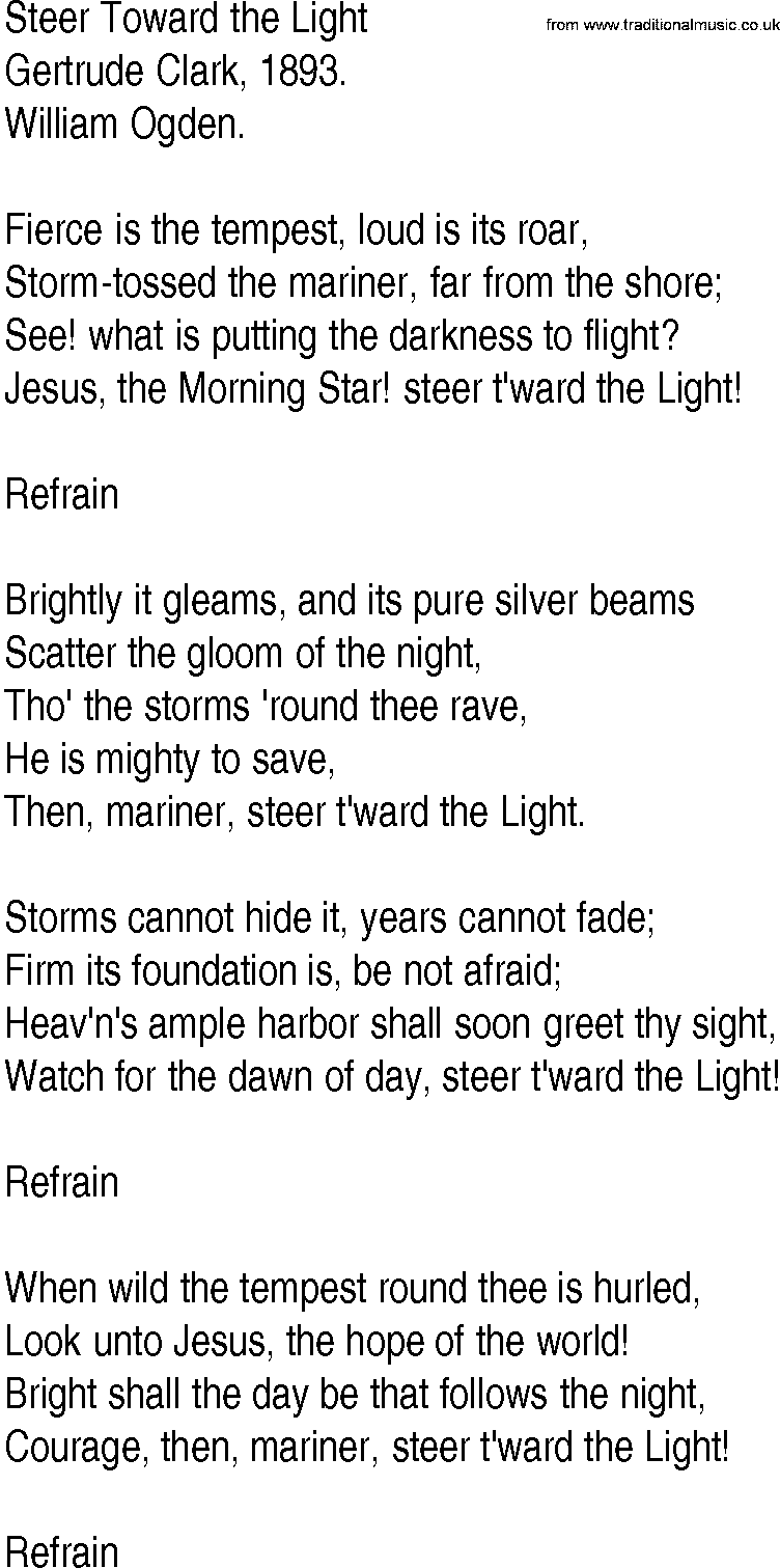 Hymn and Gospel Song: Steer Toward the Light by Gertrude Clark lyrics
