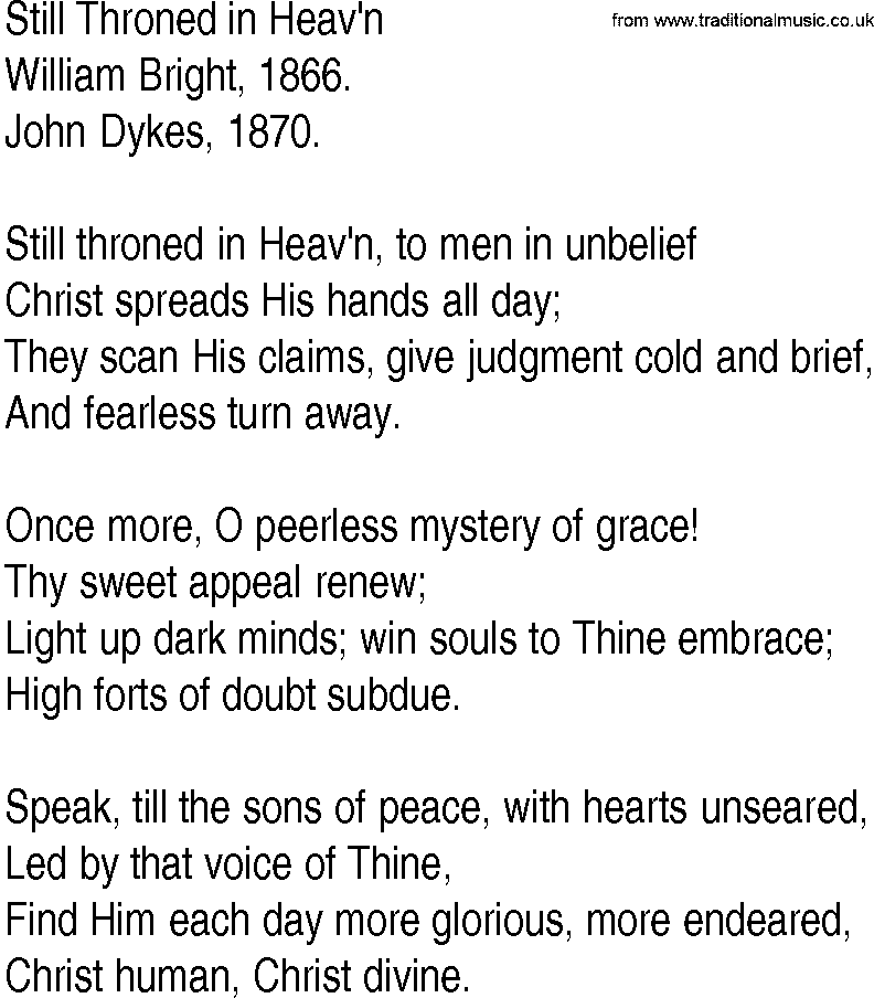Hymn and Gospel Song: Still Throned in Heav'n by William Bright lyrics