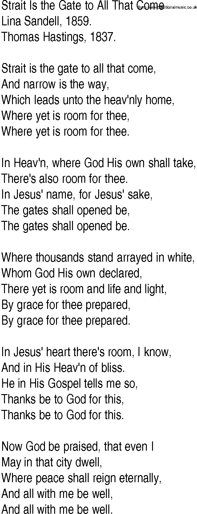 Hymn and Gospel Song: Strait Is the Gate to All That Come by Lina Sandell lyrics