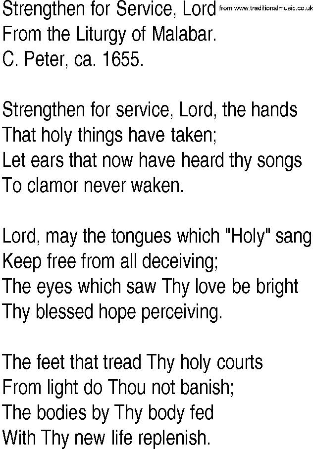 Hymn and Gospel Song: Strengthen for Service, Lord by From the Liturgy of Malabar lyrics