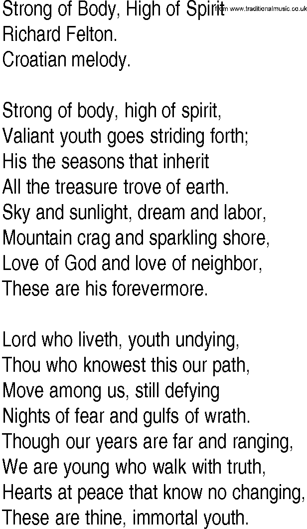 Hymn and Gospel Song: Strong of Body, High of Spirit by Richard Felton lyrics