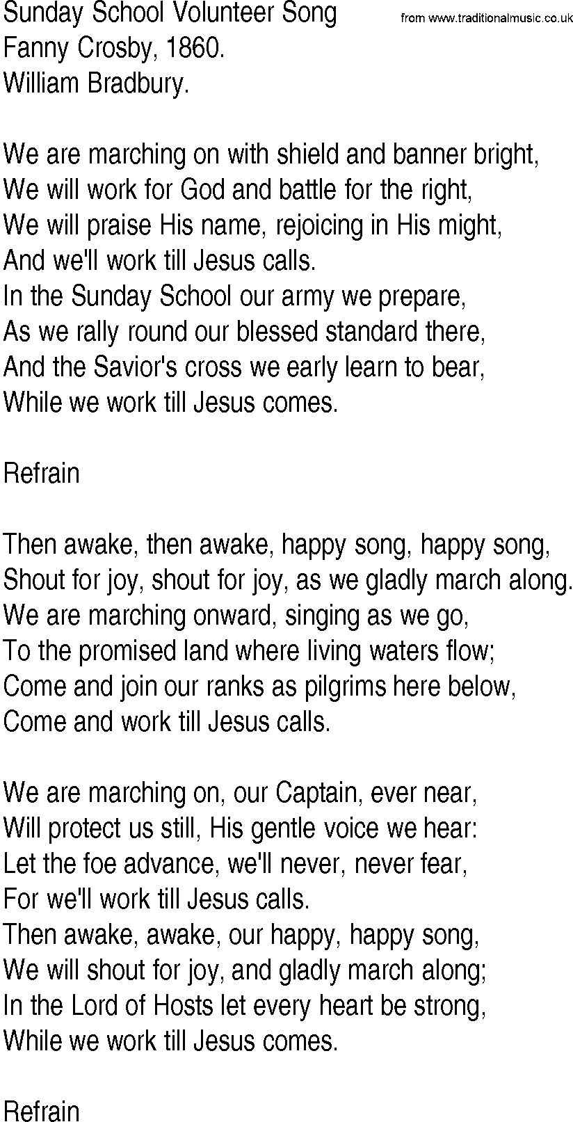 Hymn and Gospel Song: Sunday School Volunteer Song by Fanny Crosby lyrics