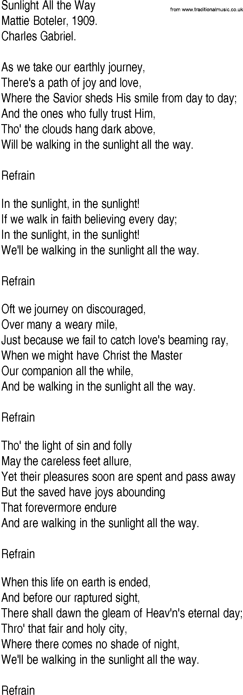 Hymn and Gospel Song: Sunlight All the Way by Mattie Boteler lyrics