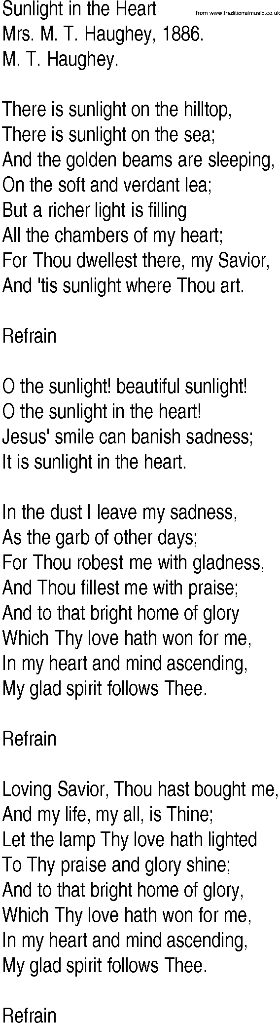 Hymn and Gospel Song: Sunlight in the Heart by Mrs M T Haughey lyrics