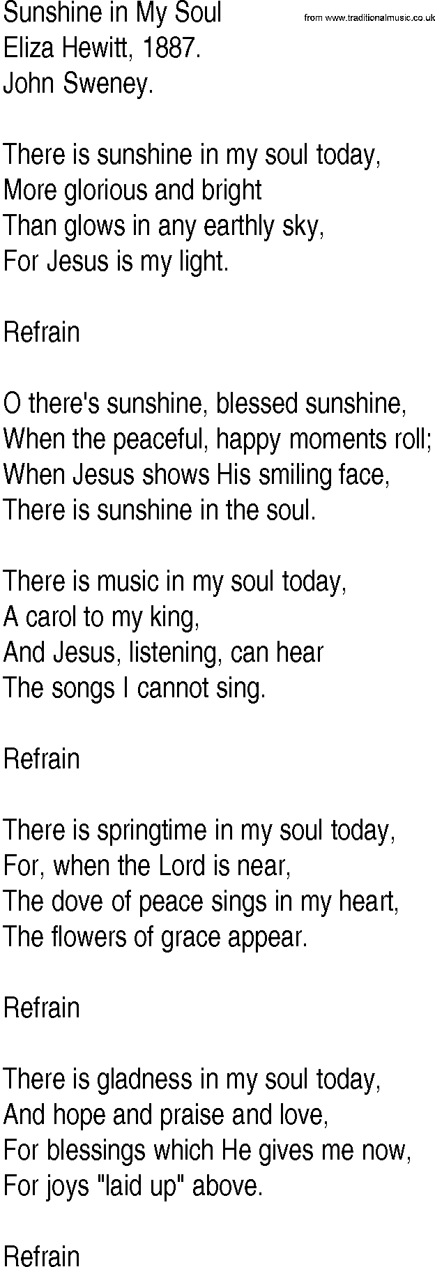 Hymn and Gospel Song: Sunshine in My Soul by Eliza Hewitt lyrics