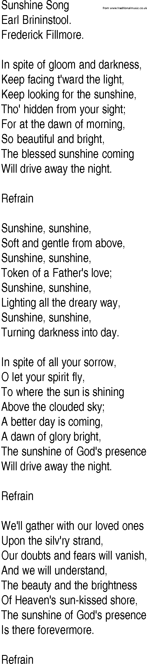 Hymn and Gospel Song: Sunshine Song by Earl Brininstool lyrics