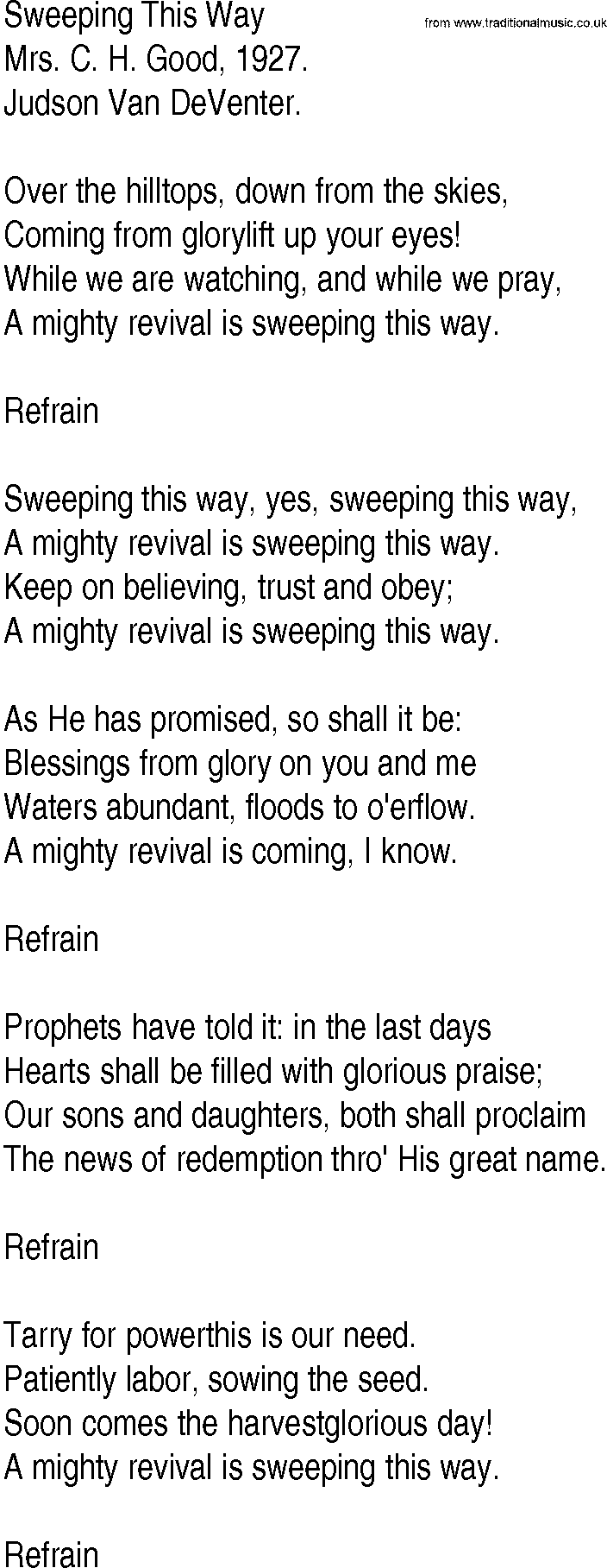Hymn and Gospel Song: Sweeping This Way by Mrs C H Good lyrics