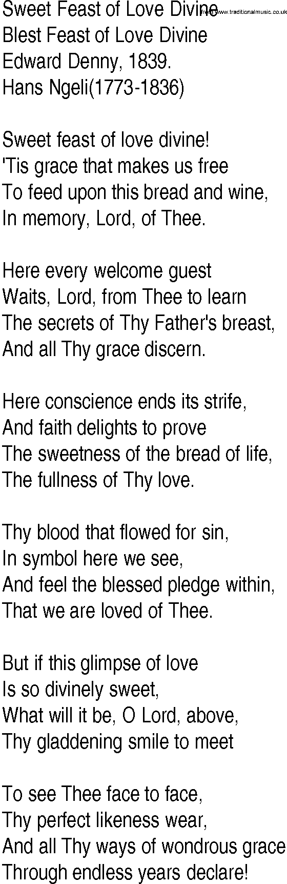 Hymn and Gospel Song: Sweet Feast of Love Divine by Edward Denny lyrics