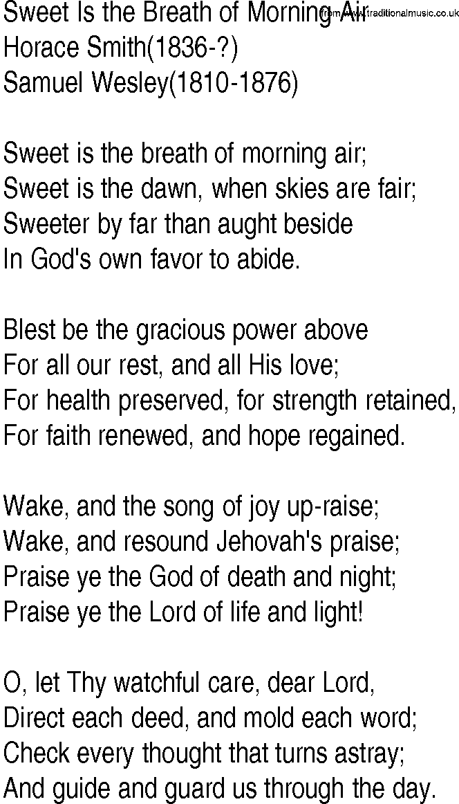 Hymn and Gospel Song: Sweet Is the Breath of Morning Air by Horace Smith lyrics