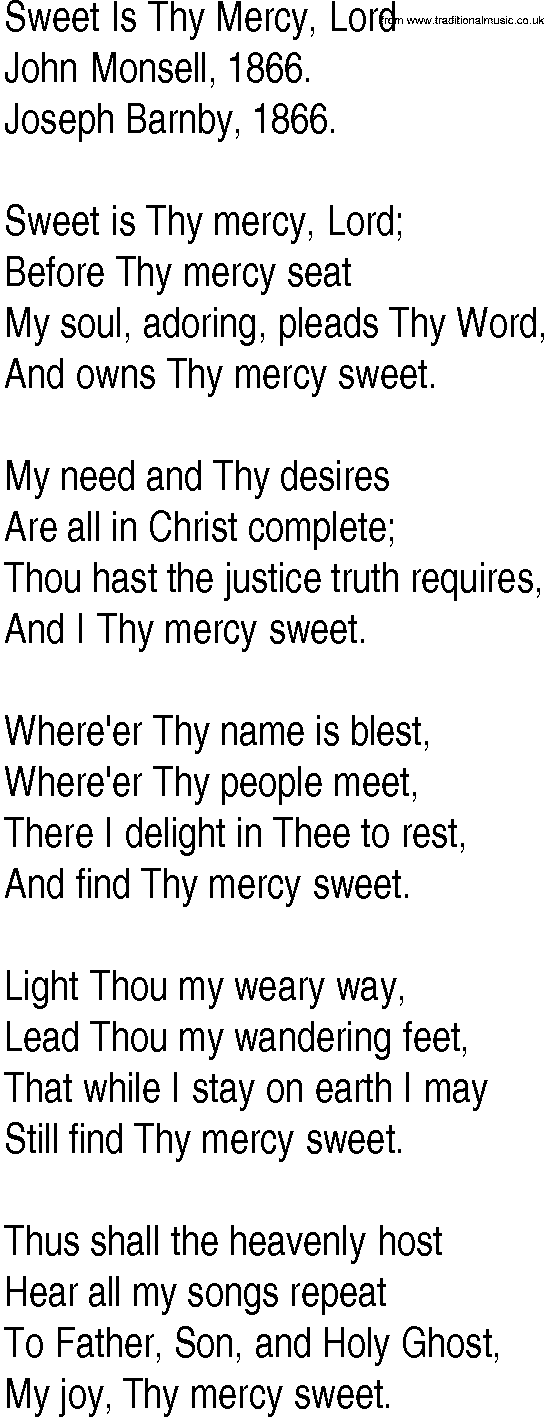 Hymn and Gospel Song: Sweet Is Thy Mercy, Lord by John Monsell lyrics