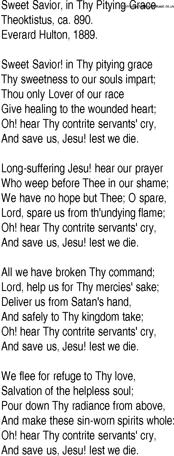 Hymn and Gospel Song: Sweet Savior, in Thy Pitying Grace by Theoktistus ca lyrics