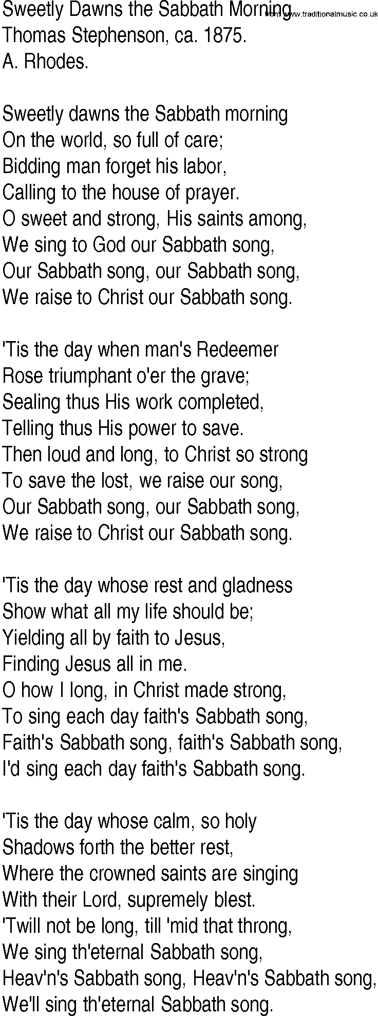Hymn and Gospel Song: Sweetly Dawns the Sabbath Morning by Thomas Stephenson ca lyrics