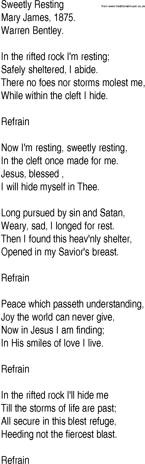 Hymn and Gospel Song: Sweetly Resting by Mary James lyrics