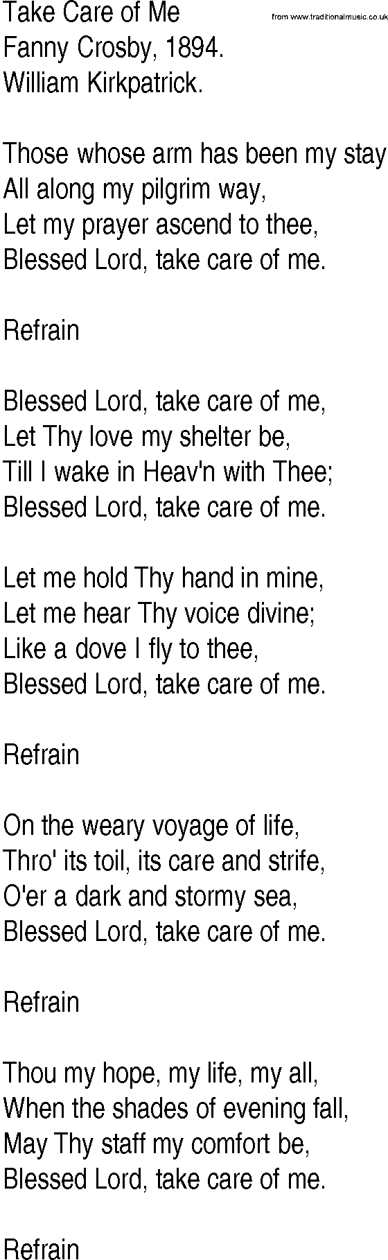 Hymn and Gospel Song: Take Care of Me by Fanny Crosby lyrics