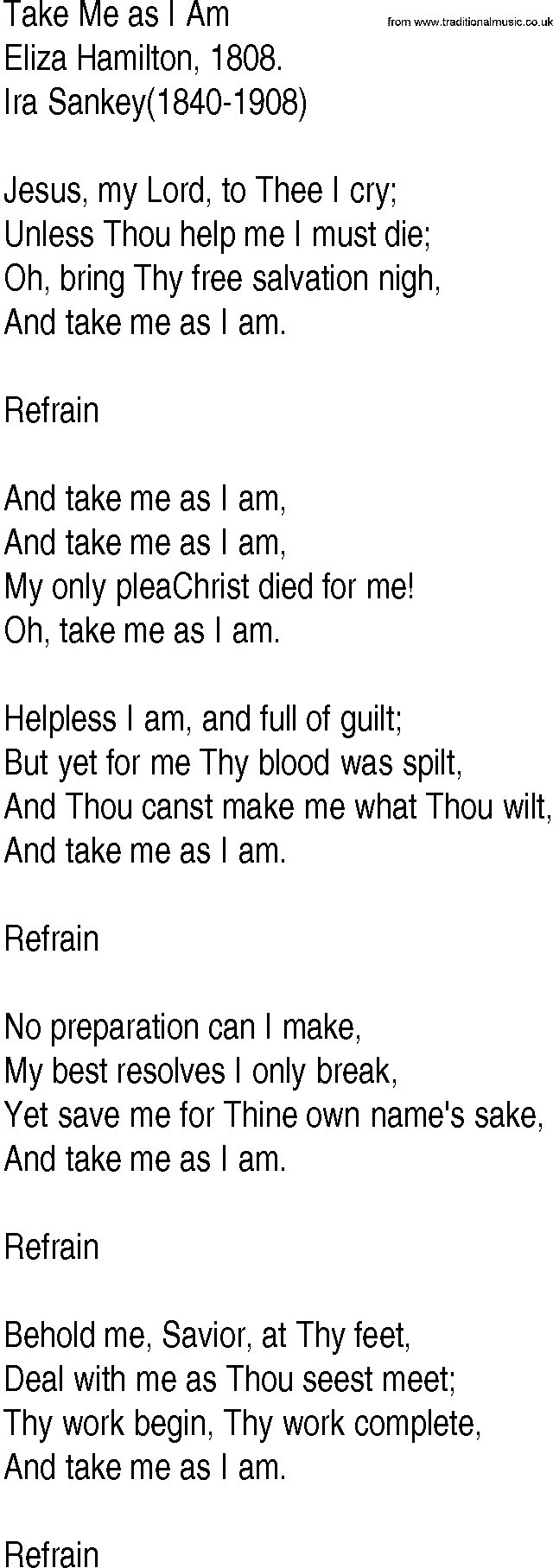 Hymn and Gospel Song: Take Me as I Am by Eliza Hamilton lyrics