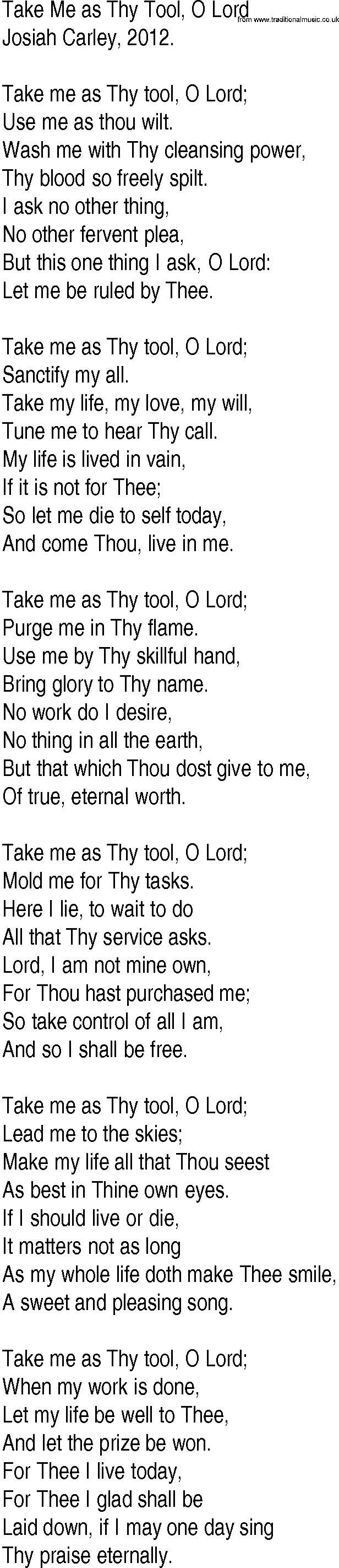 Hymn and Gospel Song: Take Me as Thy Tool, O Lord by Josiah Carley lyrics