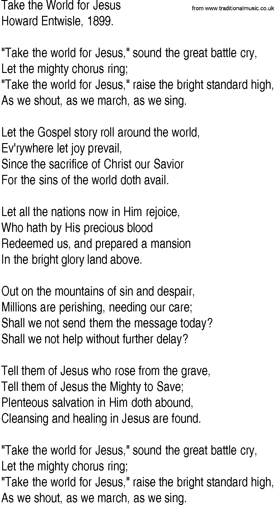 Hymn and Gospel Song: Take the World for Jesus by Howard Entwisle lyrics