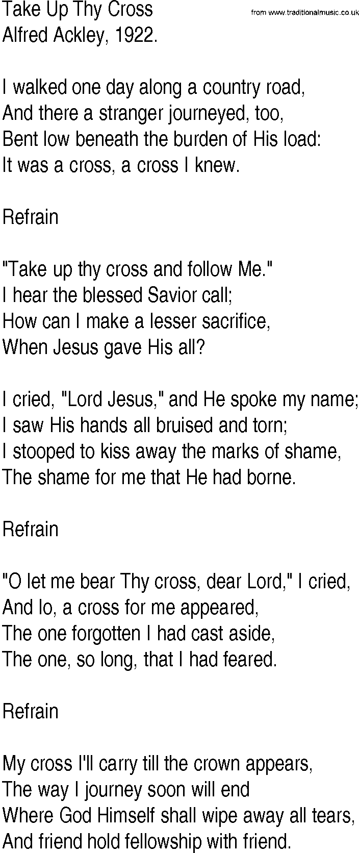 Hymn and Gospel Song: Take Up Thy Cross by Alfred Ackley lyrics
