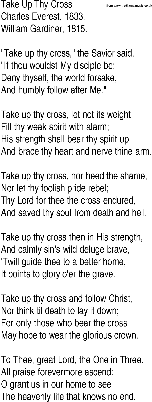 Hymn and Gospel Song: Take Up Thy Cross by Charles Everest lyrics