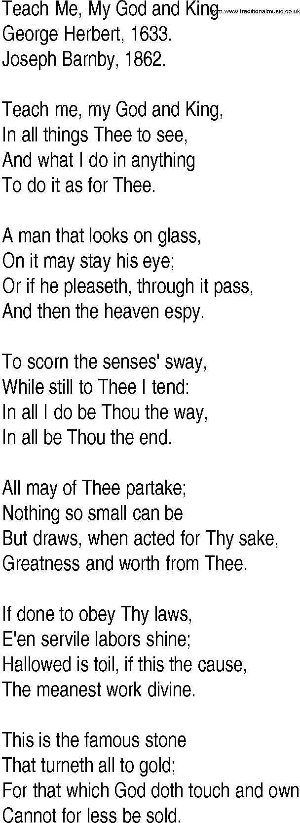 Hymn and Gospel Song: Teach Me, My God and King by George Herbert lyrics