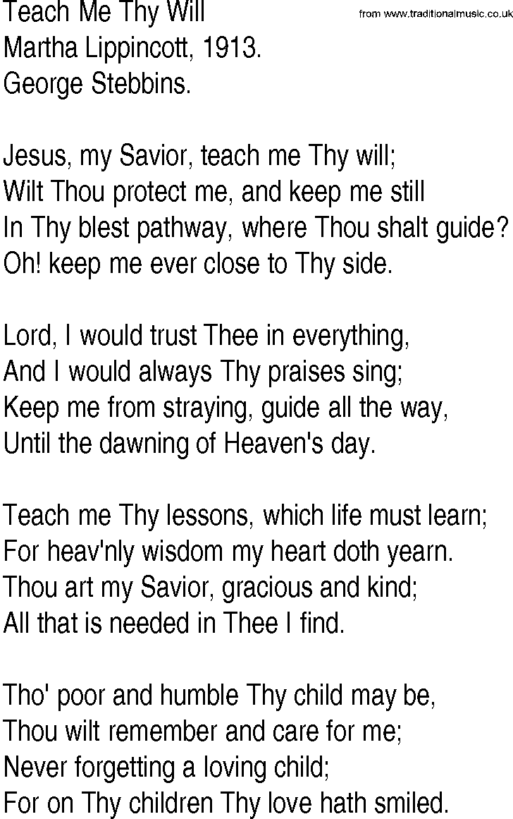 Hymn and Gospel Song: Teach Me Thy Will by Martha Lippincott lyrics