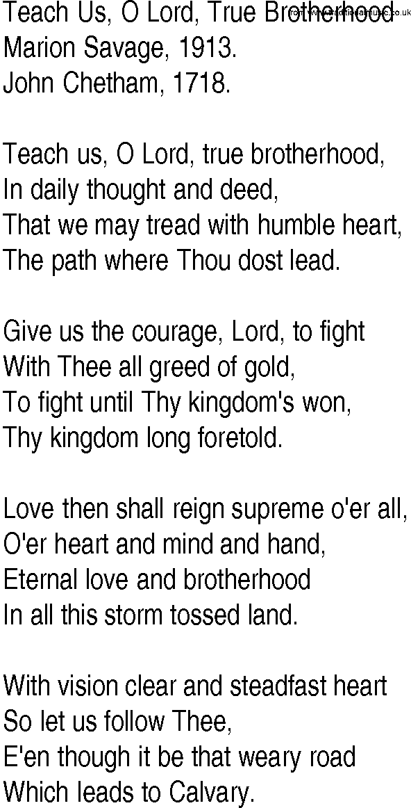 Hymn and Gospel Song: Teach Us, O Lord, True Brotherhood by Marion Savage lyrics