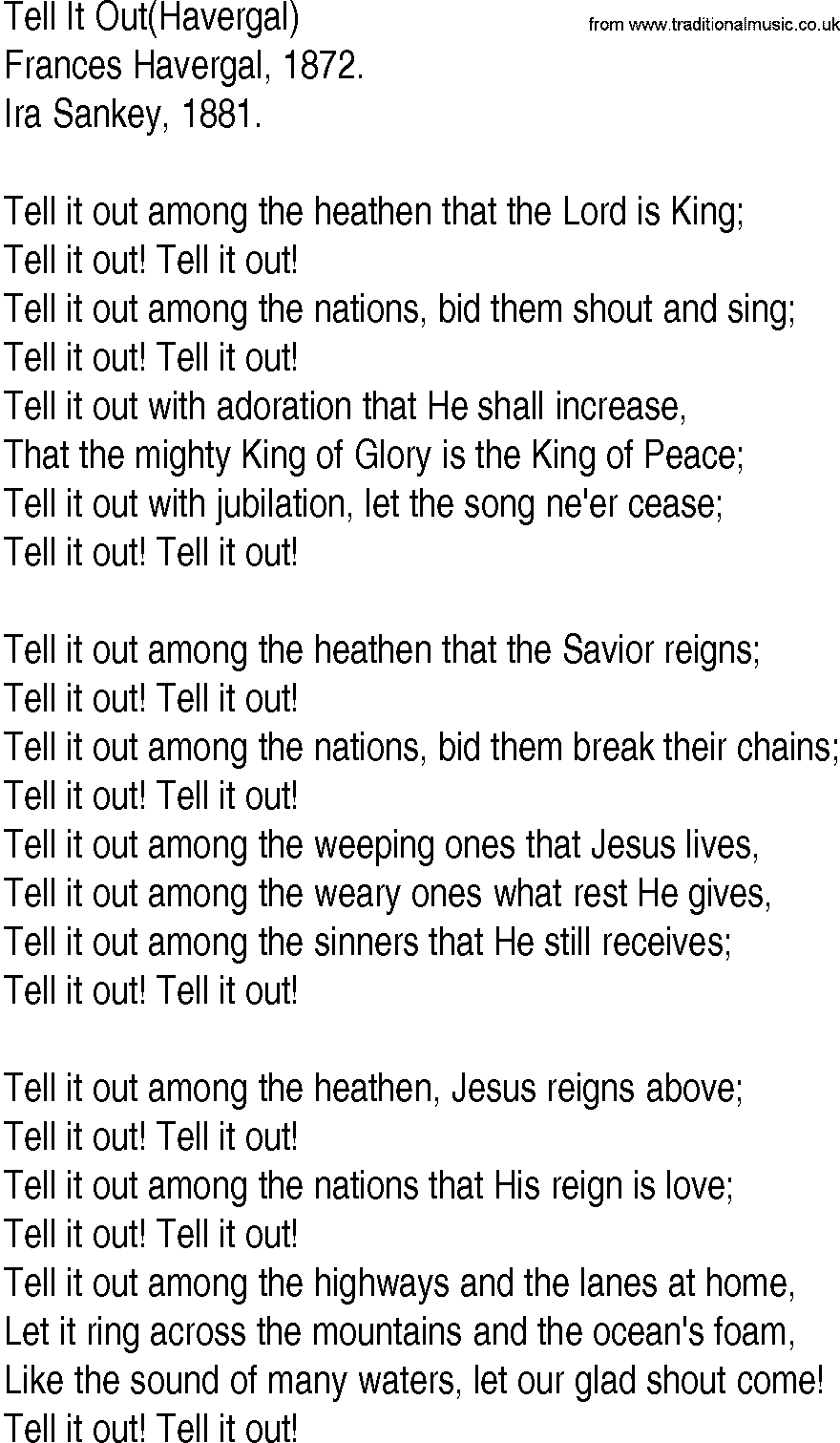 Hymn and Gospel Song: Tell It Out(Havergal) by Frances Havergal lyrics