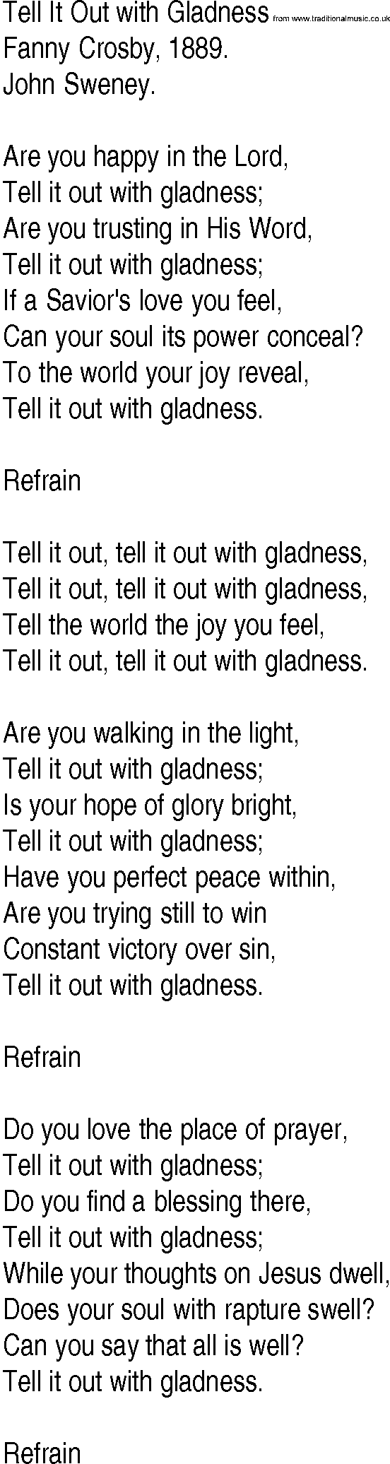 Hymn and Gospel Song: Tell It Out with Gladness by Fanny Crosby lyrics