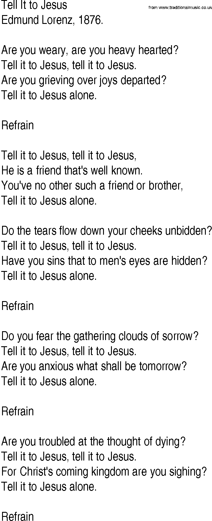 Hymn and Gospel Song: Tell It to Jesus by Edmund Lorenz lyrics