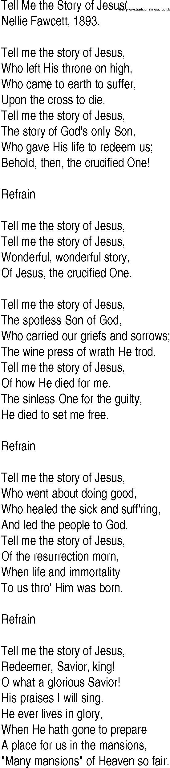 Hymn and Gospel Song: Tell Me the Story of Jesus( by Nellie Fawcett lyrics