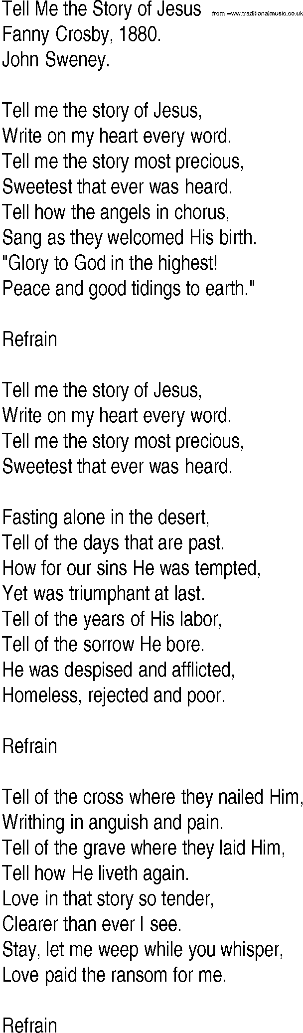 Hymn and Gospel Song: Tell Me the Story of Jesus by Fanny Crosby lyrics