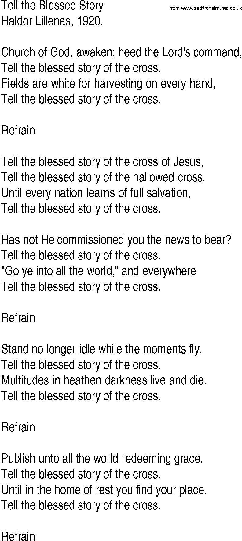 Hymn and Gospel Song: Tell the Blessed Story by Haldor Lillenas lyrics