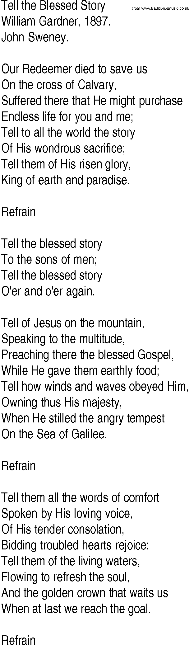 Hymn and Gospel Song: Tell the Blessed Story by William Gardner lyrics