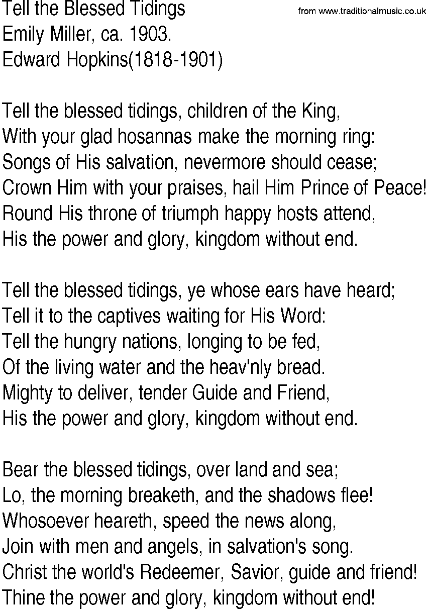Hymn and Gospel Song: Tell the Blessed Tidings by Emily Miller ca lyrics