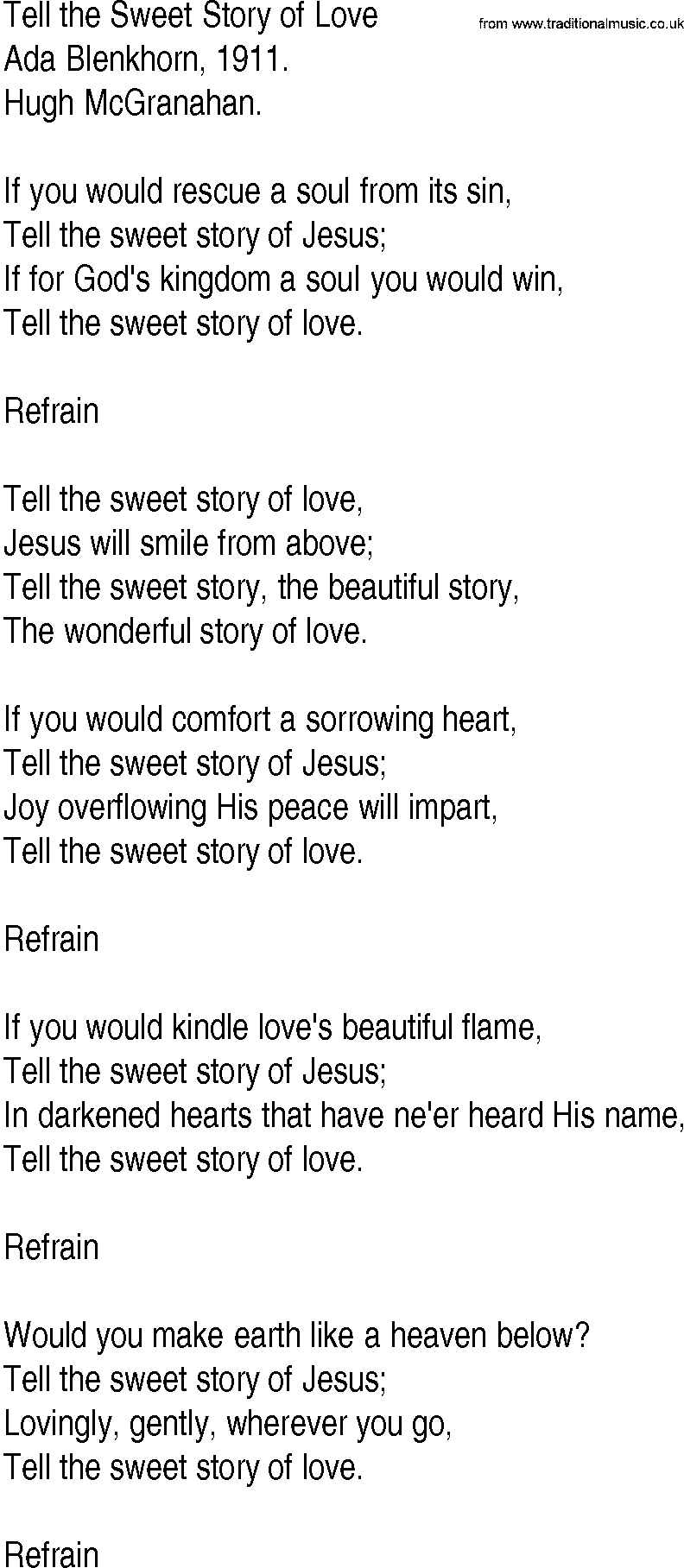 Hymn and Gospel Song: Tell the Sweet Story of Love by Ada Blenkhorn lyrics