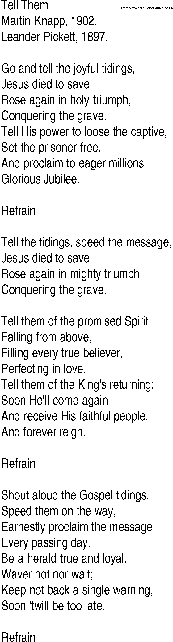 Hymn and Gospel Song: Tell Them by Martin Knapp lyrics