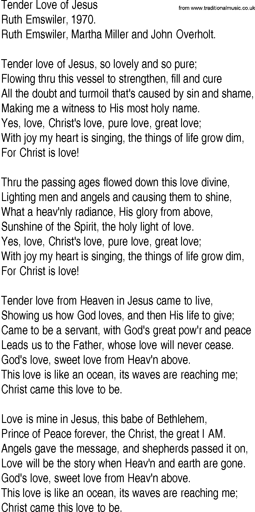 Hymn and Gospel Song: Tender Love of Jesus by Ruth Emswiler lyrics