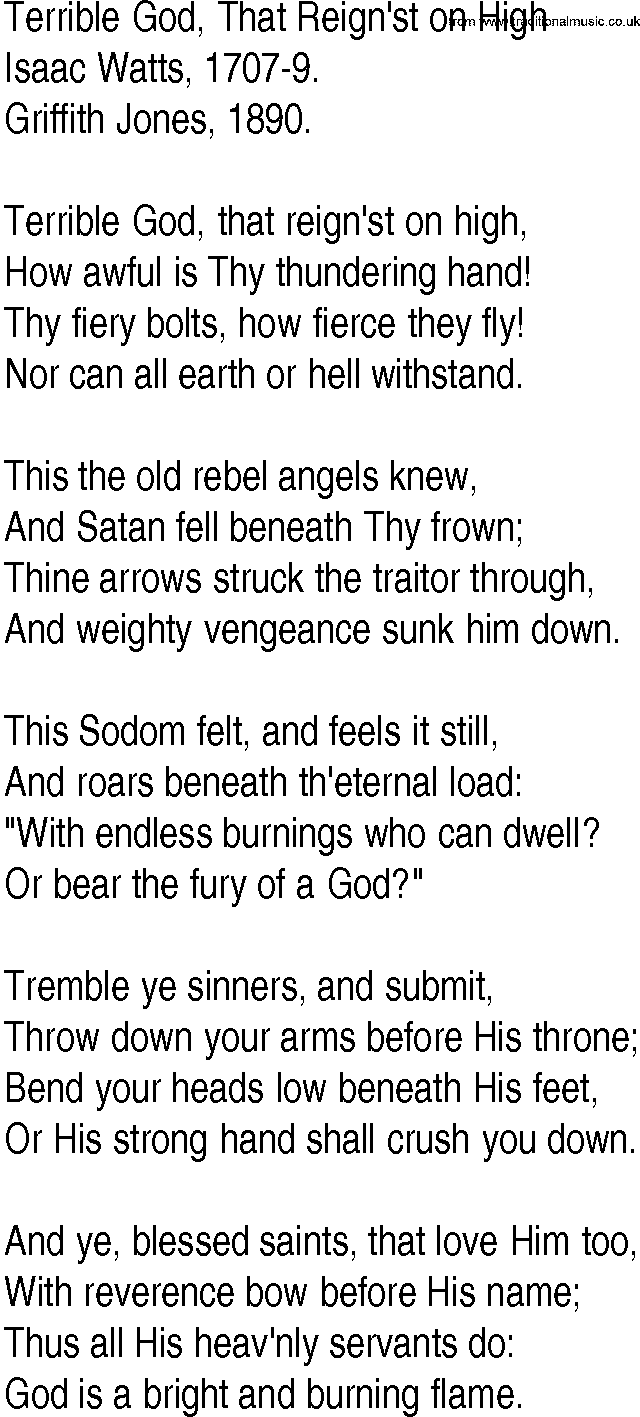 Hymn and Gospel Song: Terrible God, That Reign'st on High by Isaac Watts lyrics