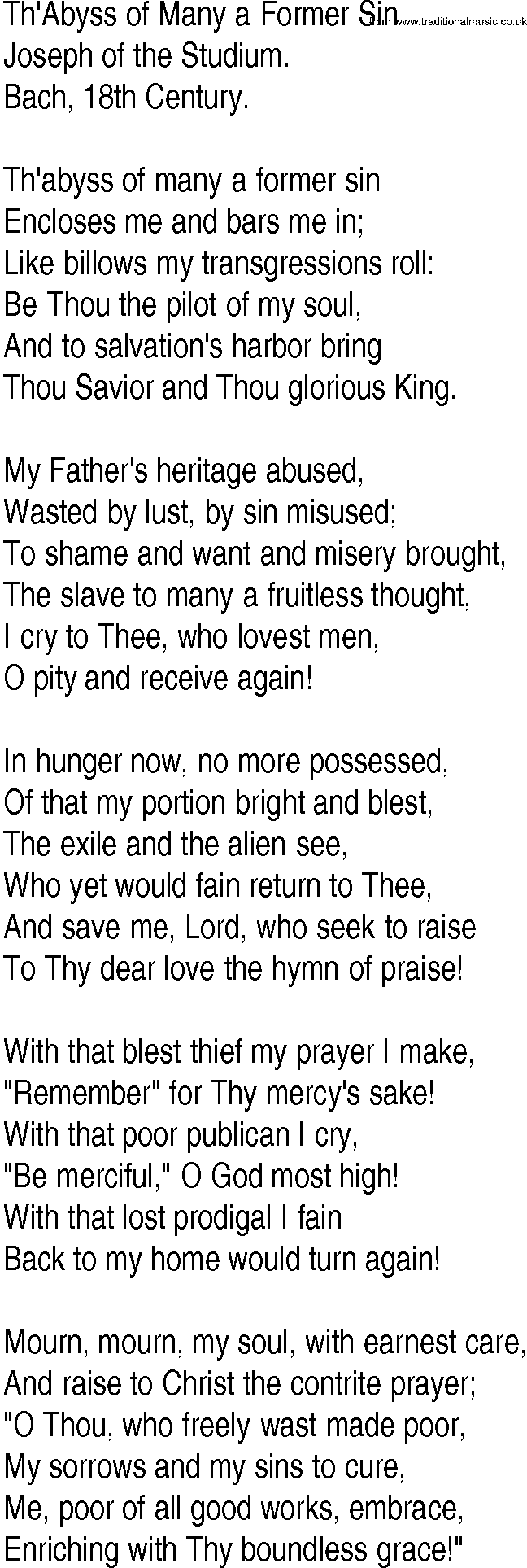 Hymn and Gospel Song: Th'Abyss of Many a Former Sin by Joseph of the Studium lyrics