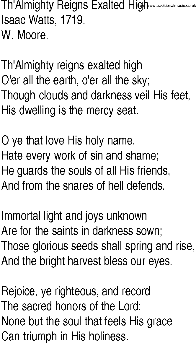 Hymn and Gospel Song: Th'Almighty Reigns Exalted High by Isaac Watts lyrics