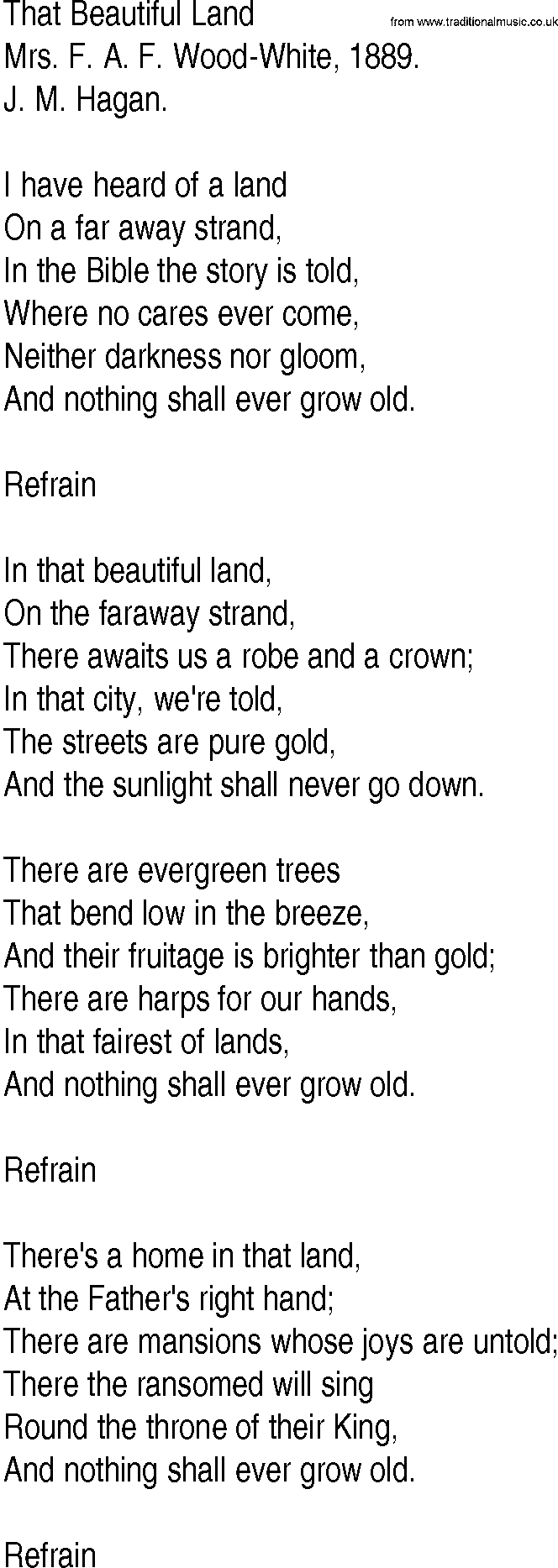 Hymn and Gospel Song: That Beautiful Land by Mrs F A F WoodWhite lyrics
