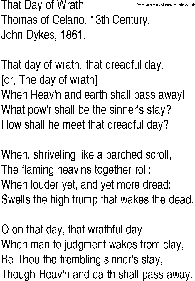 Hymn and Gospel Song: That Day of Wrath by Thomas of Celano th Century lyrics