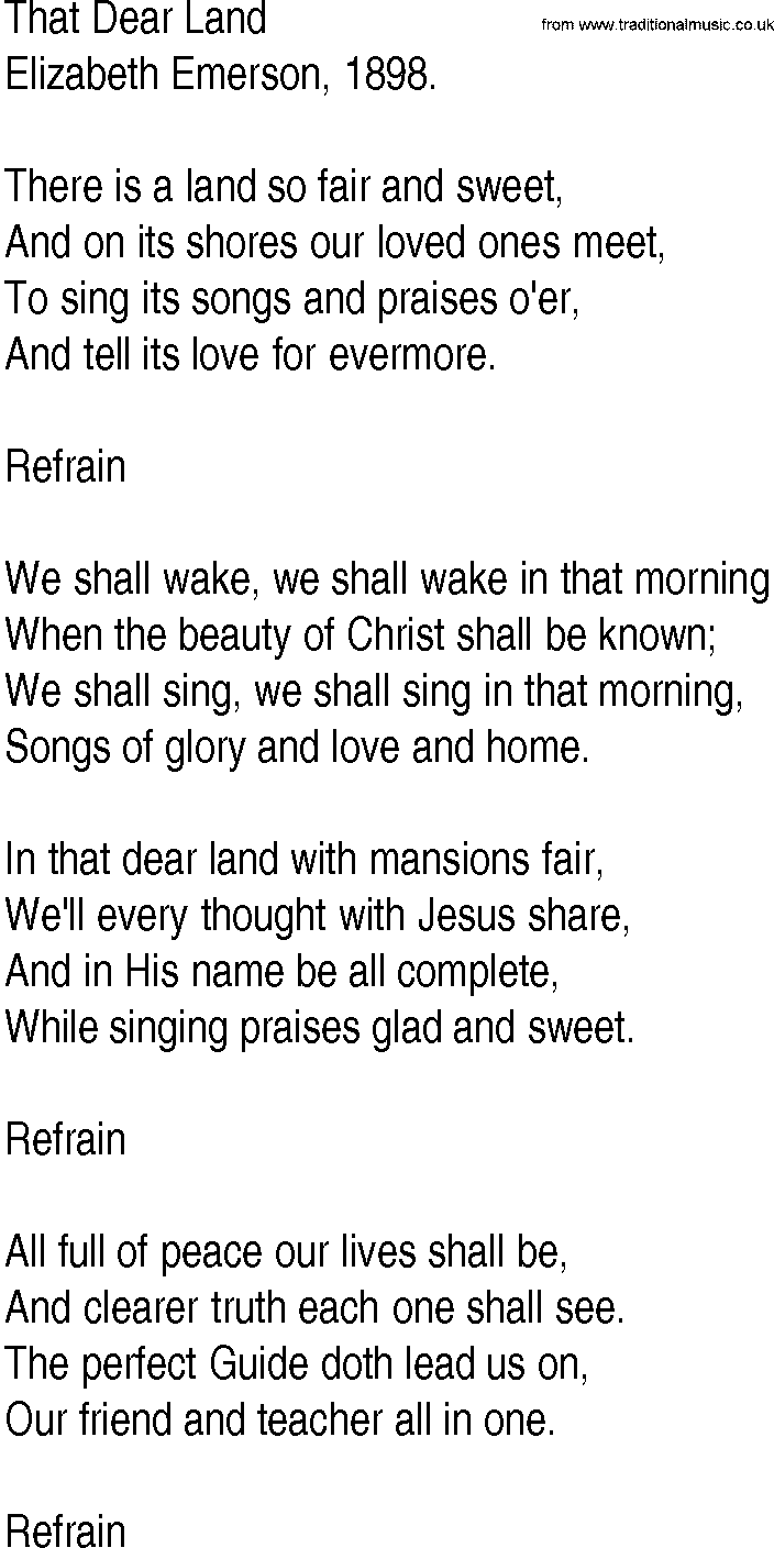 Hymn and Gospel Song: That Dear Land by Elizabeth Emerson lyrics
